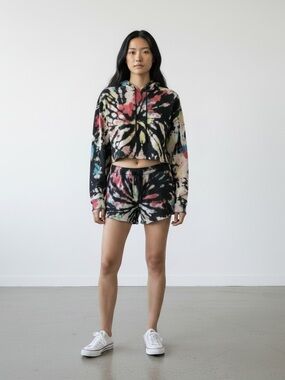 Wesley Set Black Multicolor tie dye Crop Top hoodie shorts bundle XS Sweater Gym